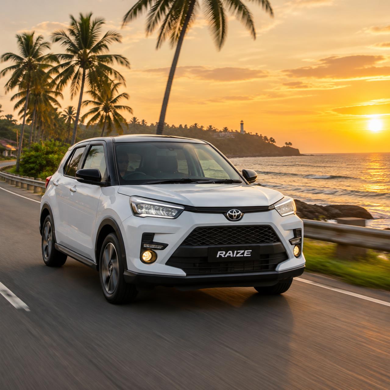 White SUV on a Sri Lankan coastal highway at sunset
